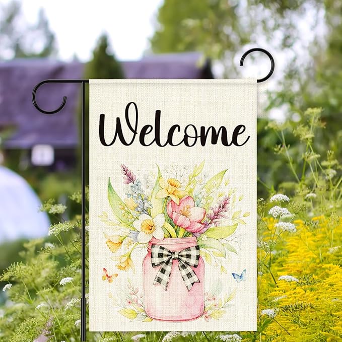Welcome Spring Garden Flag for Outside,Mason Jar Spring Flowers Garden Flag Yard Lawn Porch Flags for Outdoor Decorations 12x18 Inch Double Sided