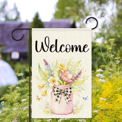 Welcome Spring Garden Flag for Outside,Mason Jar Spring Flowers Garden Flag Yard Lawn Porch Flags for Outdoor Decorations 12x18 Inch Double Sided
