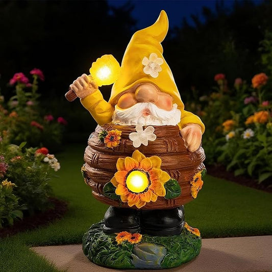 AVEKI Solar Garden Gnome Statue, Funny Gnome Honey Pot Figurine with Solar Light, Outdoor Waterproof Resin Garden Art for Patio Yard Lawn Balcony Ornament, Ideal Gift for Mom Grandma Women
