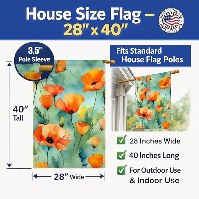 Caroline's Treasures California California Poppies in Watercolor House Flag Large Porch Sleeve Pole Decorative Outside Yard Banner Artwork Wall Hanging, Polyester, House Size, Multicolor