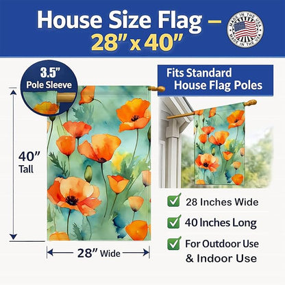 Caroline's Treasures California California Poppies in Watercolor House Flag Large Porch Sleeve Pole Decorative Outside Yard Banner Artwork Wall Hanging, Polyester, House Size, Multicolor