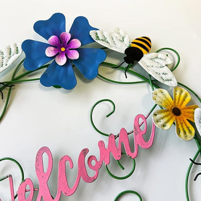 Metal Honey Bee Hanging Welcome Signs Wall Decor Front Door Wreath Garden Fence Patio Porch Yard Spring Indoor Outdoor Decorations 13''H