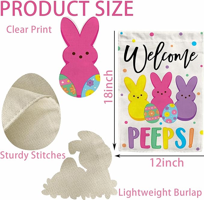 Welcome Easter Garden Flag 12x18 Inch Double Sided Easter Eggs Bunny Garden Flags for Outside, Spring Seasonal Decorations, Cute Rabbit Yard Lawn Flags for Holiday Farmhouse Outdoor Decor (Burlap)