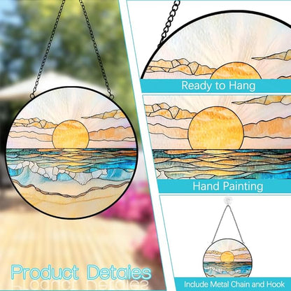 Beach Sunset Suncatcher Stained Glass Window Hanging - 8″ Handmade Ocean Suncatchers for Windows Hanging - Coastal Decor Sun Catchers Diamond Sea Glass Ornaments - Birthday Gifts for Women Mom Lovers