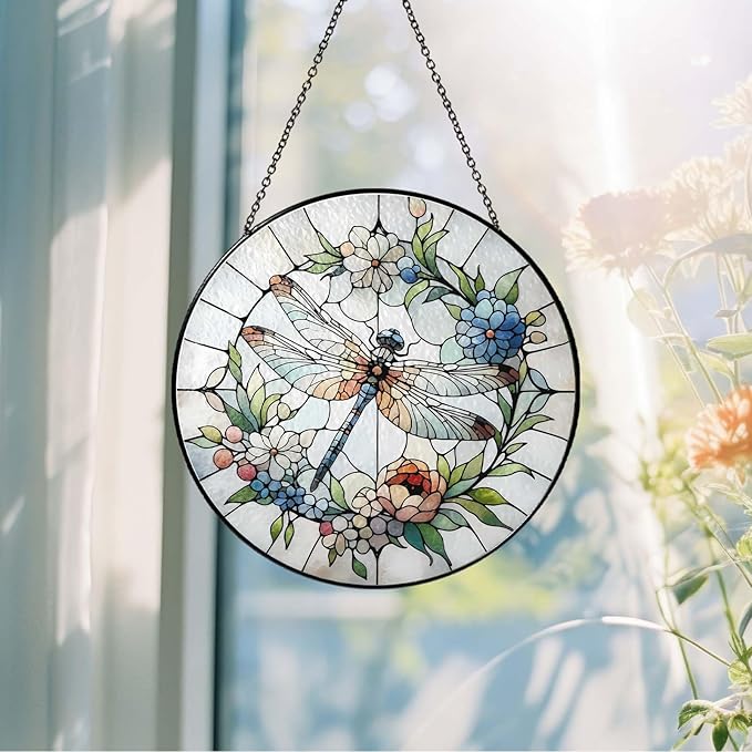 Dragonfly Sun Catcher 6.3‘’ Dragonfly Gifts for Women Stained Glass Window Hanging Sun Catchers Indoor Window Wall Decor Handmade SunCatcher Decoration for Garden Home Housewarming Gifts