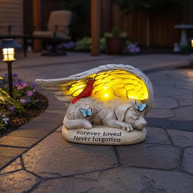 Dog Memorial Stone with Solar Lights Angel Wings Cardinal Butterfly 8 Inch, Pet Grave Markers Sleeping Statue Pet Loss Sympathy Gift Waterproof Resin for Outdoor Cemetery Garden Decor