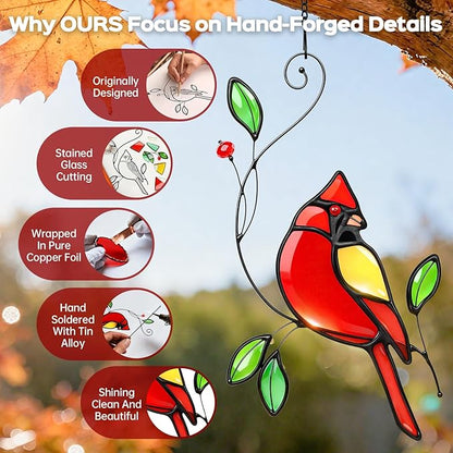Cardinal Stained Glass Window Hanging for Mother's Day, IDEA SHOW Red Cardinal Suncatcher, Real Glass Window Hanging Ornament, Handmade Bird Home Decor Memorial Gift for Women, Mom, Bird Lover