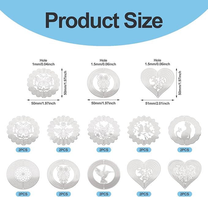 20Pcs Metal Replacement Wind Catcher, Beadthoven Wind Chime Parts Stainless Steel Bird Flower Cat Heart Round Shaped Flat Metal Embellishments for Wind Bells Memorial Sympathy Wind Chimes