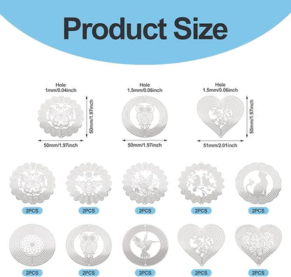 20Pcs Metal Replacement Wind Catcher, Beadthoven Wind Chime Parts Stainless Steel Bird Flower Cat Heart Round Shaped Flat Metal Embellishments for Wind Bells Memorial Sympathy Wind Chimes