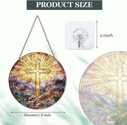 Christian Cross Stained Glass Window Hanging - Mountain Landscape Religious Sun Catcher with Chain, Round Glass Ornament for Home Garden Window Decor Gift, 8 Inch