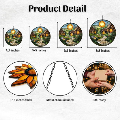 Whimsical Vivid Village Mosaic Art Acrylic Suncatcher Stained Glass Effect Window Car Hanging Christmas Ornament Indoor Outdoor Decor Garden Sun Catcher Panel for Scenery Lover for Women Mom Grandma
