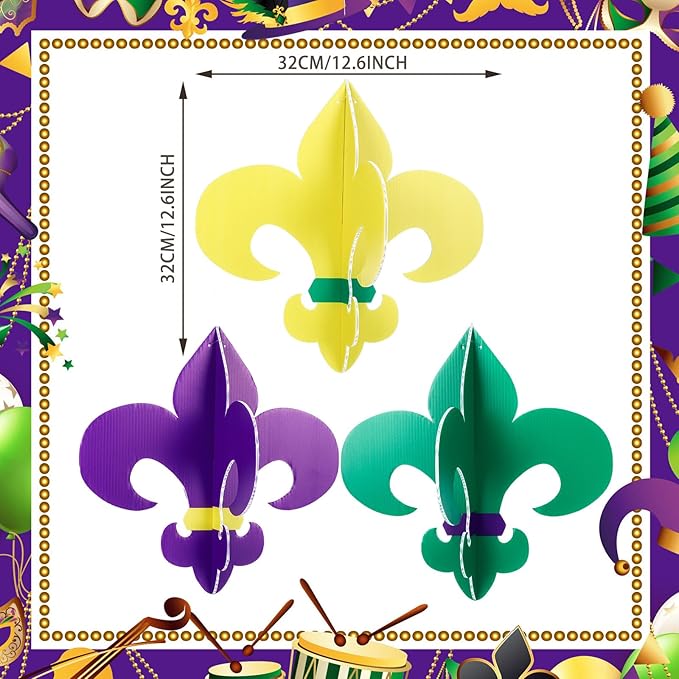 Thyle 6 Pcs Large Mardi Gras Decorations Outdoor 12.6"x12.6" Mardi Gras Hanging Ornaments Yard Fleur De Lis Sign Double Sided Gold Green Purple Porch Sign for Front Door Home Masquerade Party Decor