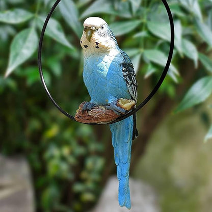 Hanging Parrot Statue Resin Parrot Ornament Metal Round Ring Decoration for Garden Resin Sculpture for Garden Patio Wall Craft Home Outdoor Decoration-02