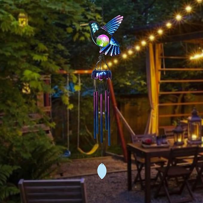 Taman Solar Wind Chime - Hummingbird Crack Glass Solar Light for Outside Waterproof Aluminum Tubes Decorative Memorial Gift, for Home, Outdoor, Yard, Patio,Garden Decor