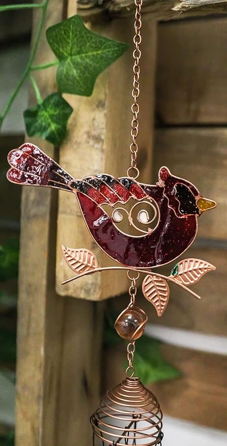 Ebros Gift Artistic Stained Glass Red Cardinal Bird Perching On Twig Branch Copper Metal Wind Chime 24.25" Long Hanging Mobile Outdoor Patio Garden Decor Accessory