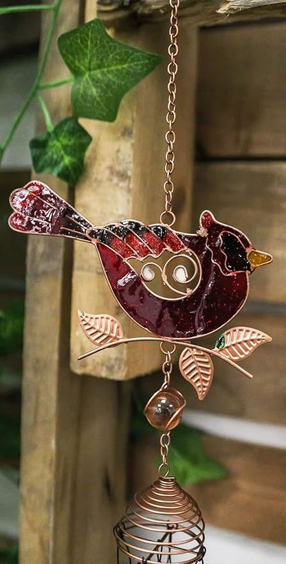 Ebros Gift Artistic Stained Glass Red Cardinal Bird Perching On Twig Branch Copper Metal Wind Chime 24.25" Long Hanging Mobile Outdoor Patio Garden Decor Accessory