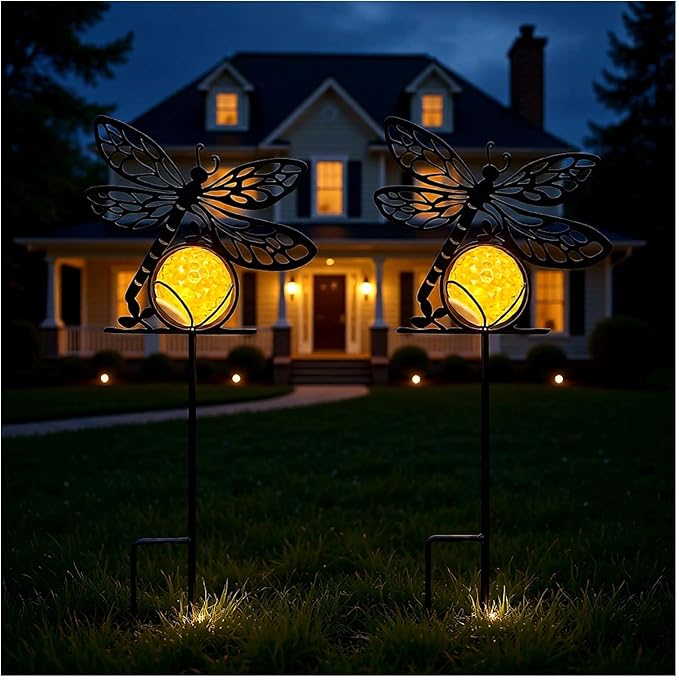 Dragonfly Solar Lights Outdoor Decorations, 2 Pack Metal Iron Solar Stake Lights for Yard, Garden, Lawn Decor
