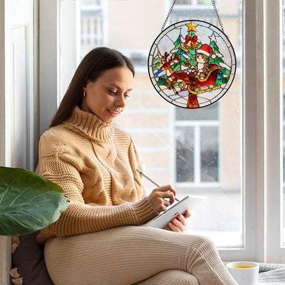 Double Sided Stained Glass Window Hanging, 7.9" Sun Catcher Panel, Green Plant Wall Art for Home & Garden, Unique Gift for Women & Men (Cute Cat Sleigh, 7.9 Inch)