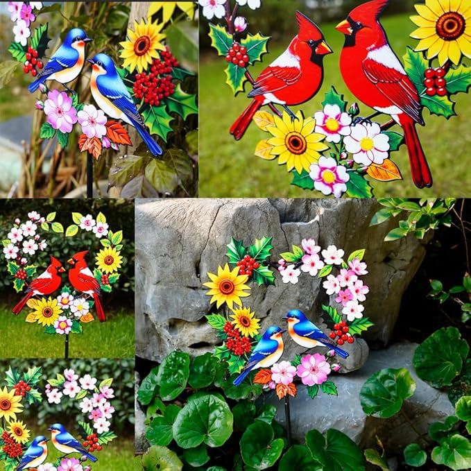 Garden Stakes Metal Bluebird - Heart Shaped Pair of Blue Birds with Flowers Colorful Yard Decor, Outdoor Lawn Ornament (Bluebird Couple)