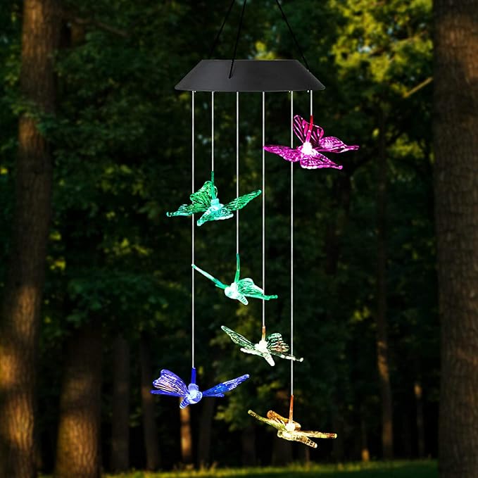 TDA Solar Wind Chimes Light Outdoor Changing Color Decorative Mobile Portable for Patio Walkway Pathway Backyard Landscape Decoration (Transparent Butterfly)