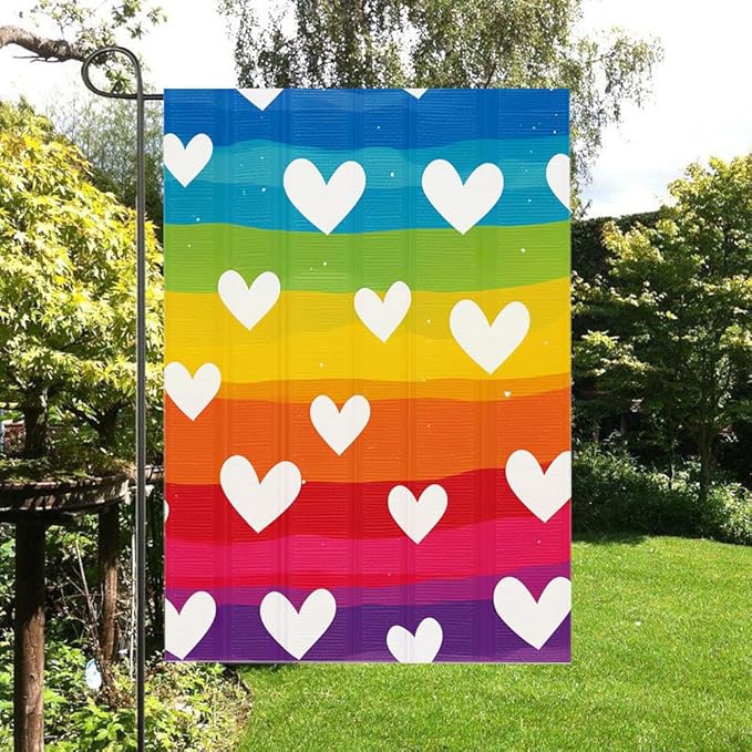 Gkyygk Garden Flag Rainbow Heart LGBT Double Sided 12x18 Inch Banners Welcome Yard House Outside Outdoor Summer Decoration