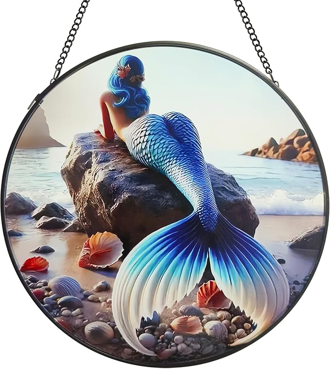 Mermaid Stained Glass Window Hanging, Sun Catcher for Windows Hanging Mermaid Wall Decor Ocean Wall Art Decor for Home, Aquarium, Gifts for Women