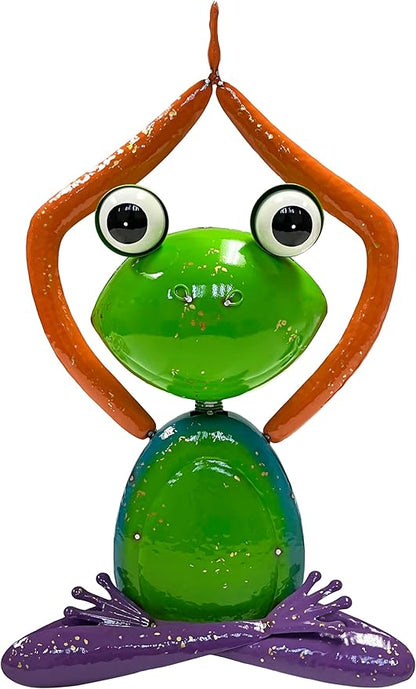 Colorful Frog Large Metal Garden Statue Yoga Pose with Arms Raised Up, Green Color, Garden Decor Outdoor Patio and Lawn Yard Art, Indoor Home Decoration, Landscape Sculpture Figurine, Gift