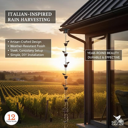 Metal Bird Rain Chain for Gutters, 10.2 Ft Rust-Resistant Outdoor Rain Catcher with Hanging Gutter Adapter, Perfect for Heavy Rain, Indoor/Outdoor Decoration, Dark Bronze Finish
