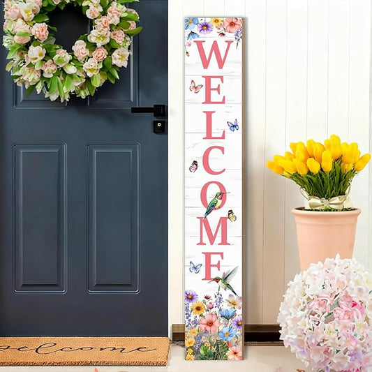 Hummingbird Welcome Sign for Front Door, Spring Porch Sign Tulip Flowers Outdoor Yard Sign Seasonal Tall Floral Welcome Porch Sign Wildflowers Wood Door Sign for Garden Patio Wall Home Decor