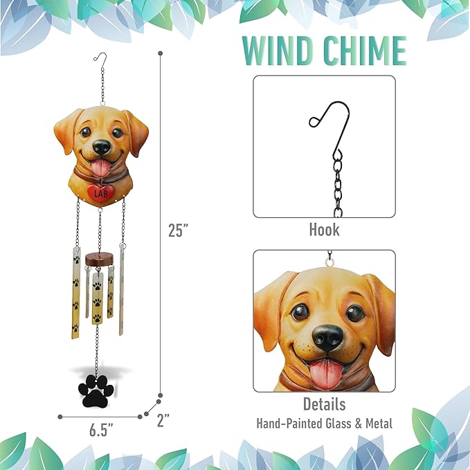 CoTa Global Lab Dog Wind Chime - Labrador Puppy Hanging Decor with Paw Print Glass Tubes, Brown and Yellow Dog Garden Ornament, Indoor Outdoor Porch Patio Yard Decoration - 25 Inches