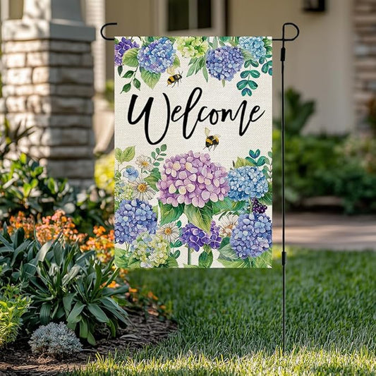CROWNED BEAUTY Spring Garden Flag Floral Hydrangea Double Sided 12x18 Inches Small Burlap Welcome Holiday Seasonal Yard Decoration for Outside Porch CF1751-12