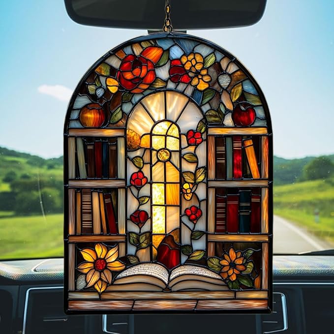 Antique Library Bookshelf Acrylic Suncatcher Stained Glass Effect Window Car Hanging Christmas Ornament Indoor Outdoor Decor Garden Sun Catcher Panel for Book Lover for Women Mom Grandma