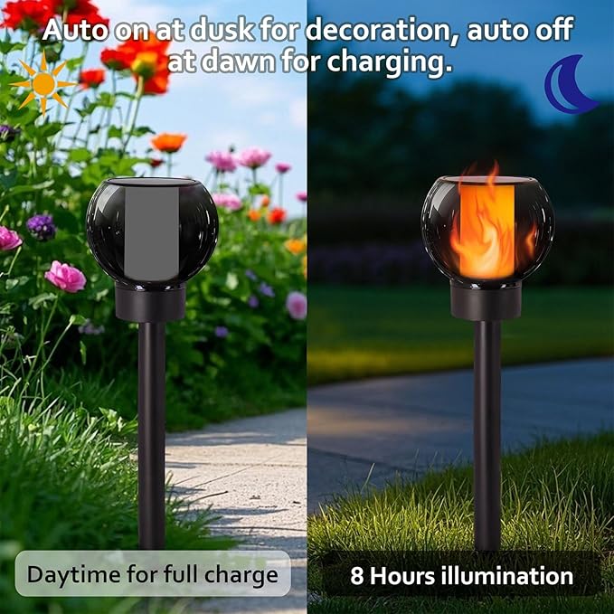 Dynaming 4 Pack Solar Torch Lights Outdoor, Flickering Flame Christmas Pathway Solar Globe Lights, Auto On/Off Garden Decorative Light, Waterproof for Landscape Lawn Patio Yard Walkway Deck Driveway