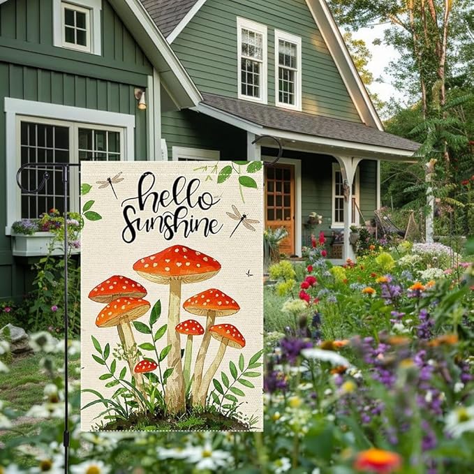 Hello Sunshine Garden Flag 12x18 inch Double-Sided Small Burlap mushrooms Yard Outside Lawn Rustic Farmhouse Flags Decorations