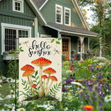 Hello Sunshine Garden Flag 12x18 inch Double-Sided Small Burlap mushrooms Yard Outside Lawn Rustic Farmhouse Flags Decorations