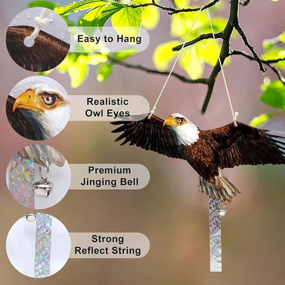 2Pack Plastic Owl Fake Owls, Reflective Owl Hanging Decoration, Barn Swallow Deterrent Dual-Side Printed Raster Fake Hawk for Garden Patio Windows