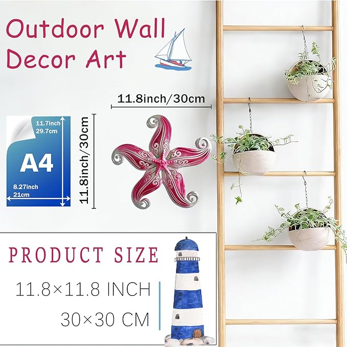 POXOHO Starfish Garden Decorations Outdoor, Starfish Wall Decor Art for Fence Patio Yard, 12" Hanging Glass Sculpture, Outdoor Wall Art Ocean Gifts for Women & Men (Pink)