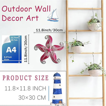 POXOHO Starfish Garden Decorations Outdoor, Starfish Wall Decor Art for Fence Patio Yard, 12" Hanging Glass Sculpture, Outdoor Wall Art Ocean Gifts for Women & Men (Pink)