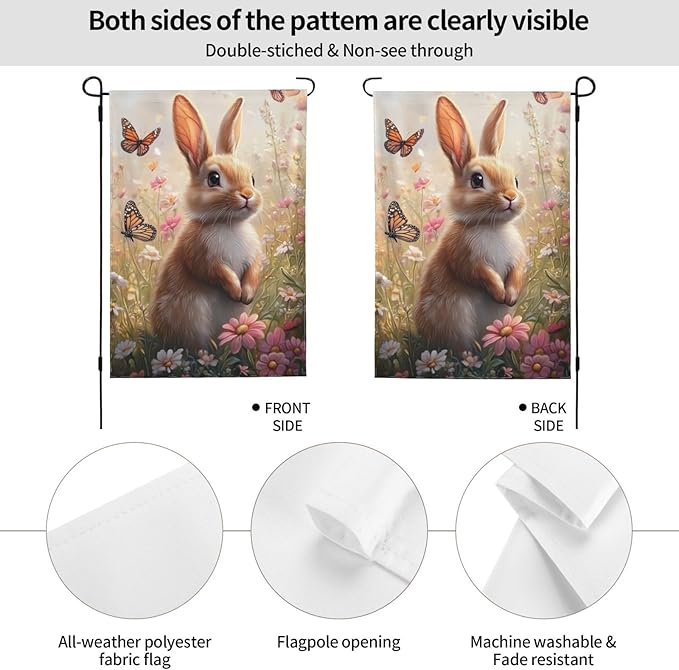 Bunny and Colorful Flowers Garden Flags 12×18 Inch Spring Summer Double Sided Decorative Yard Banner Seasonal Flag for Outdoor Outside Decor