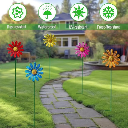 Wind Spinners Garden Decor,5 Pack Colorful Daisy Garden Stakes for Outdoor Decorations,Metal Wind Spinner Yard Stake for Patio,Lawn