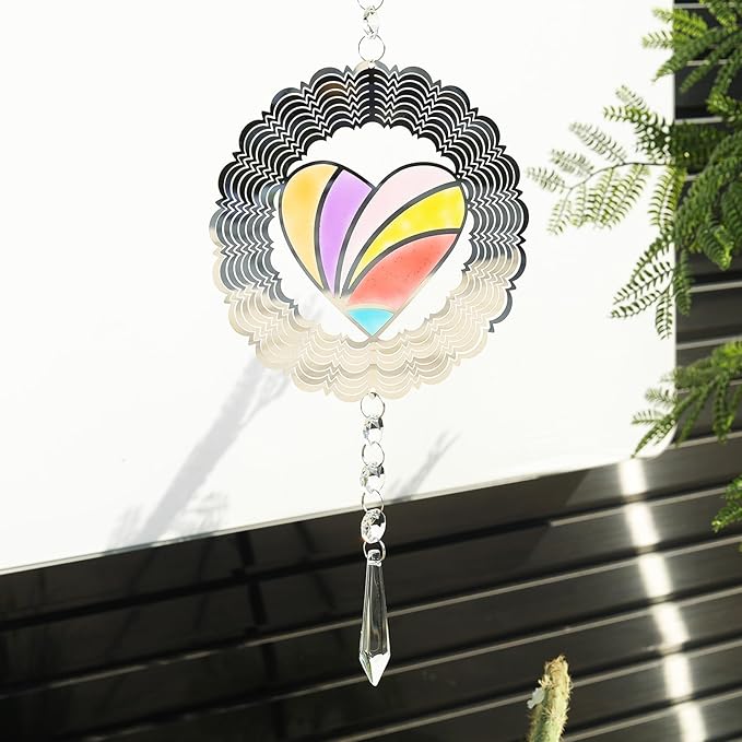 Wind Spinner Suncatcher Metal Colorful Heart for Outside Durable 3D Stainless Steel Wind Pendant Hanging Art Ornaments for Garden Yard Balcony Decor