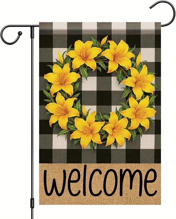 Buffalo Plaid Welcome Wreath Garden Flag Lily Flower Flag 12x 18 Inch Double Sided Spring Outdoor Fall Autumn Farmhouse Outdoor Small Decor for Porch Lawn Patio Yard
