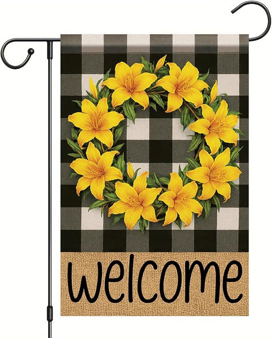Buffalo Plaid Welcome Wreath Garden Flag Lily Flower Flag 12x 18 Inch Double Sided Spring Outdoor Fall Autumn Farmhouse Outdoor Small Decor for Porch Lawn Patio Yard