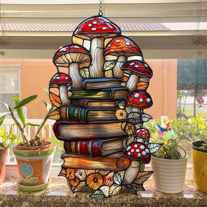 Forest Mushroom Books Acrylic Suncatcher Stained Glass Effect Window Car Hanging Christmas Ornament Indoor Outdoor Decor Garden Sun Catcher Panel for Book Lover for Women Mom Grandma