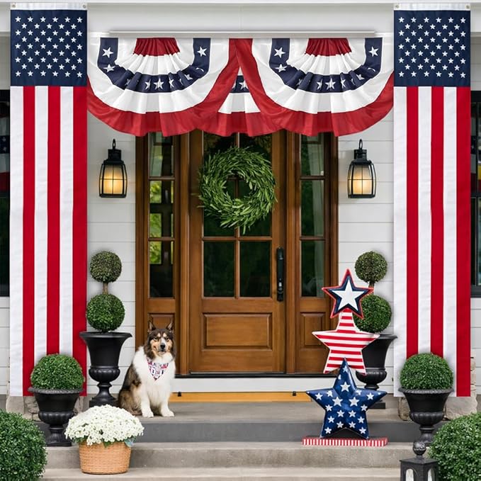 2Pack 65Inch Patriotic American Flags Door Bunting Banner Memorial Day Decoration Hanging Outside Porch Bunting Red White Blue Banner Outdoor Décor 4th of July USA Decor Pulldown for Veterans Labor Presidents Flag Election Day