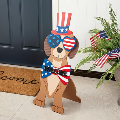 Glitzhome 30"H Patriotic Porch Sign Wooden Americana Labrador-shape Easel Porch Decor Front Door Sign for 4th of July Independence Day Memorial Day Decoration