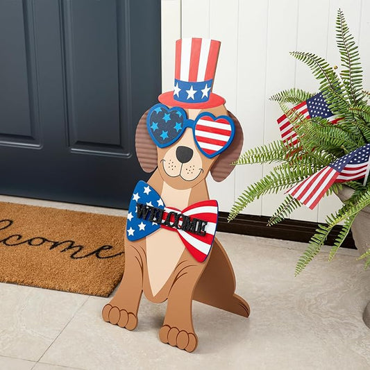 Glitzhome 30"H Patriotic Porch Sign Wooden Americana Labrador-shape Easel Porch Decor Front Door Sign for 4th of July Independence Day Memorial Day Decoration