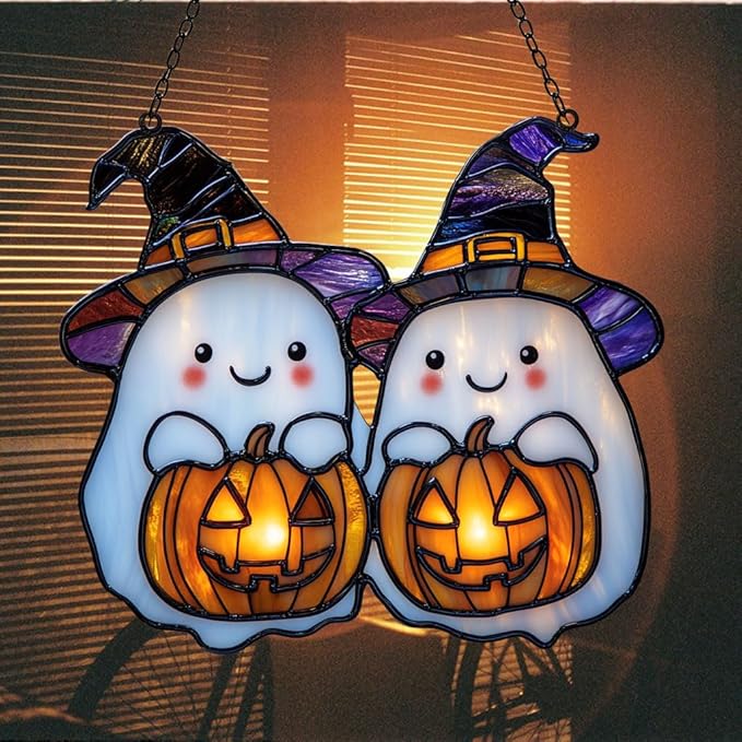 Cute Witch Ghost and Pumpkin Acrylic Suncatcher Stained Glass Effect Window Car Hanging Christmas Ornament Indoor Outdoor Decor Garden Sun Catcher Panel for Halloween Lover for Women Mom Grandma