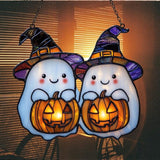 Cute Witch Ghost and Pumpkin Acrylic Suncatcher Stained Glass Effect Window Car Hanging Christmas Ornament Indoor Outdoor Decor Garden Sun Catcher Panel for Halloween Lover for Women Mom Grandma