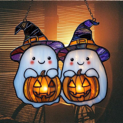 Cute Witch Ghost and Pumpkin Acrylic Suncatcher Stained Glass Effect Window Car Hanging Christmas Ornament Indoor Outdoor Decor Garden Sun Catcher Panel for Halloween Lover for Women Mom Grandma